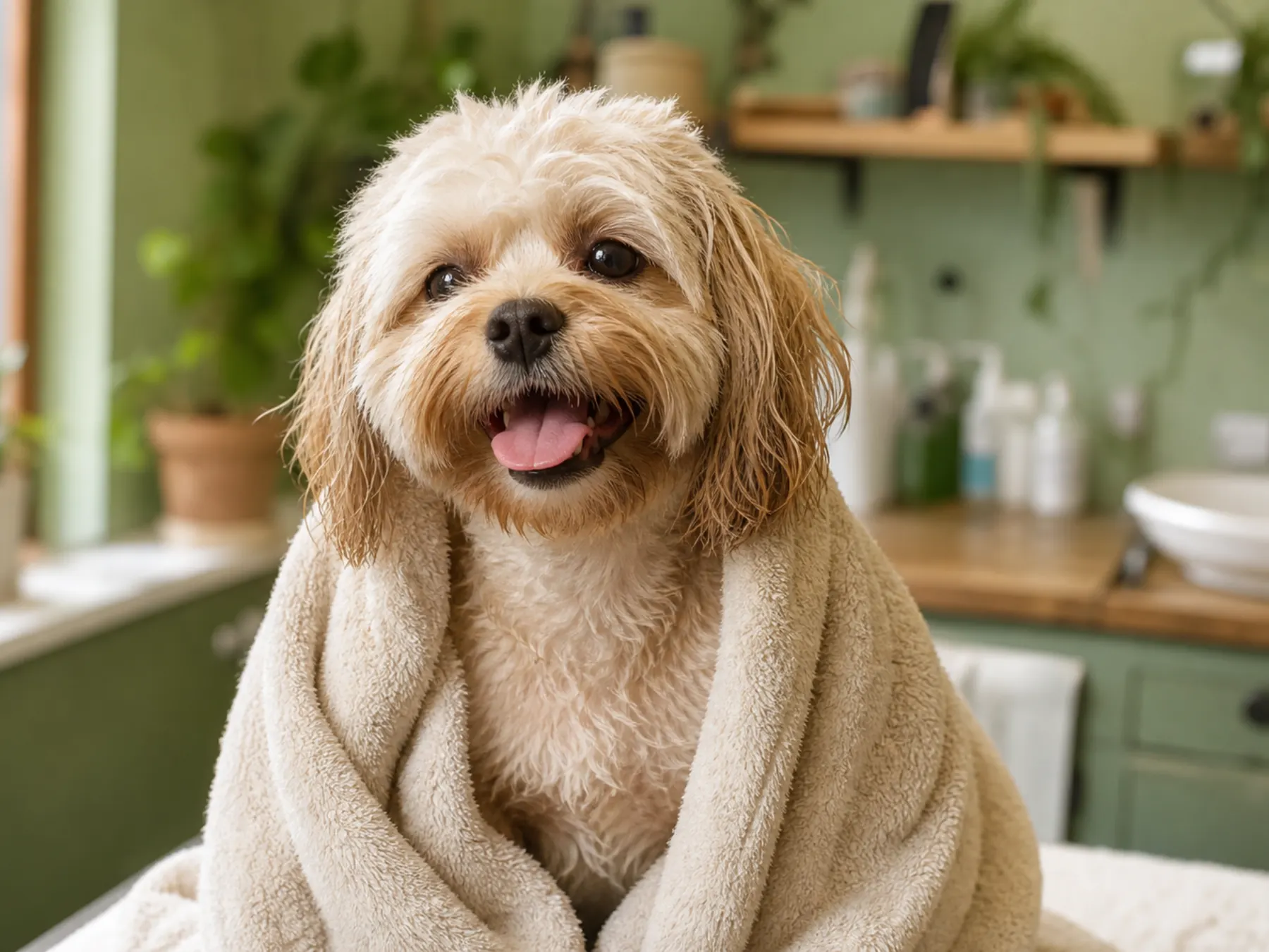 Perro recién bañado en la peluquería