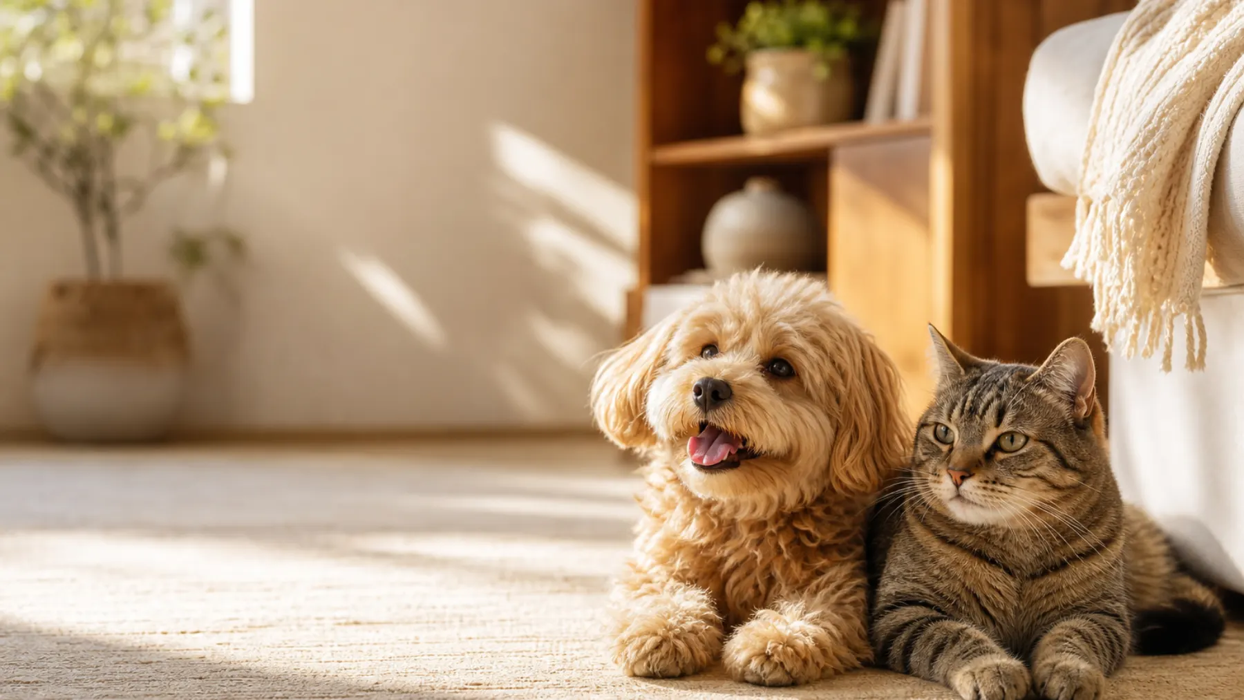 Un perro y un gato felices en casa